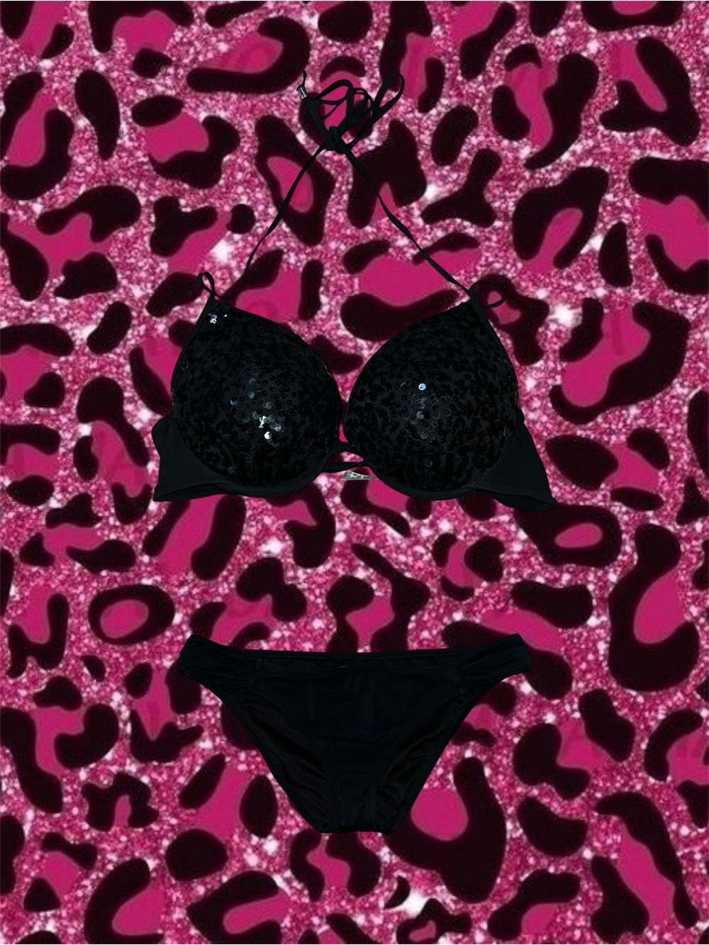 2010s Victoria’s Secret Black Sequin Halter Bikini Set